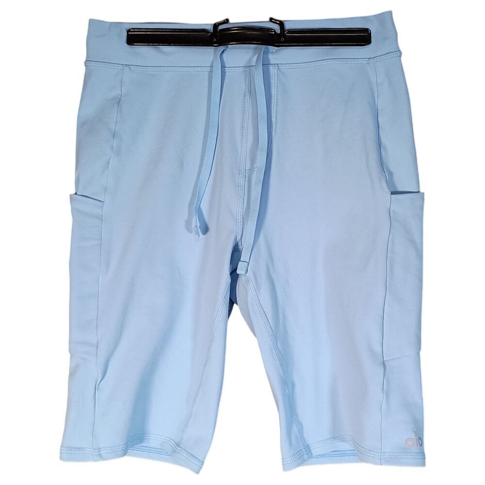 Alo Yoga Bike Shorts Women's Small Sky Blue 9" Drawstring Side Pockets Mid Rise